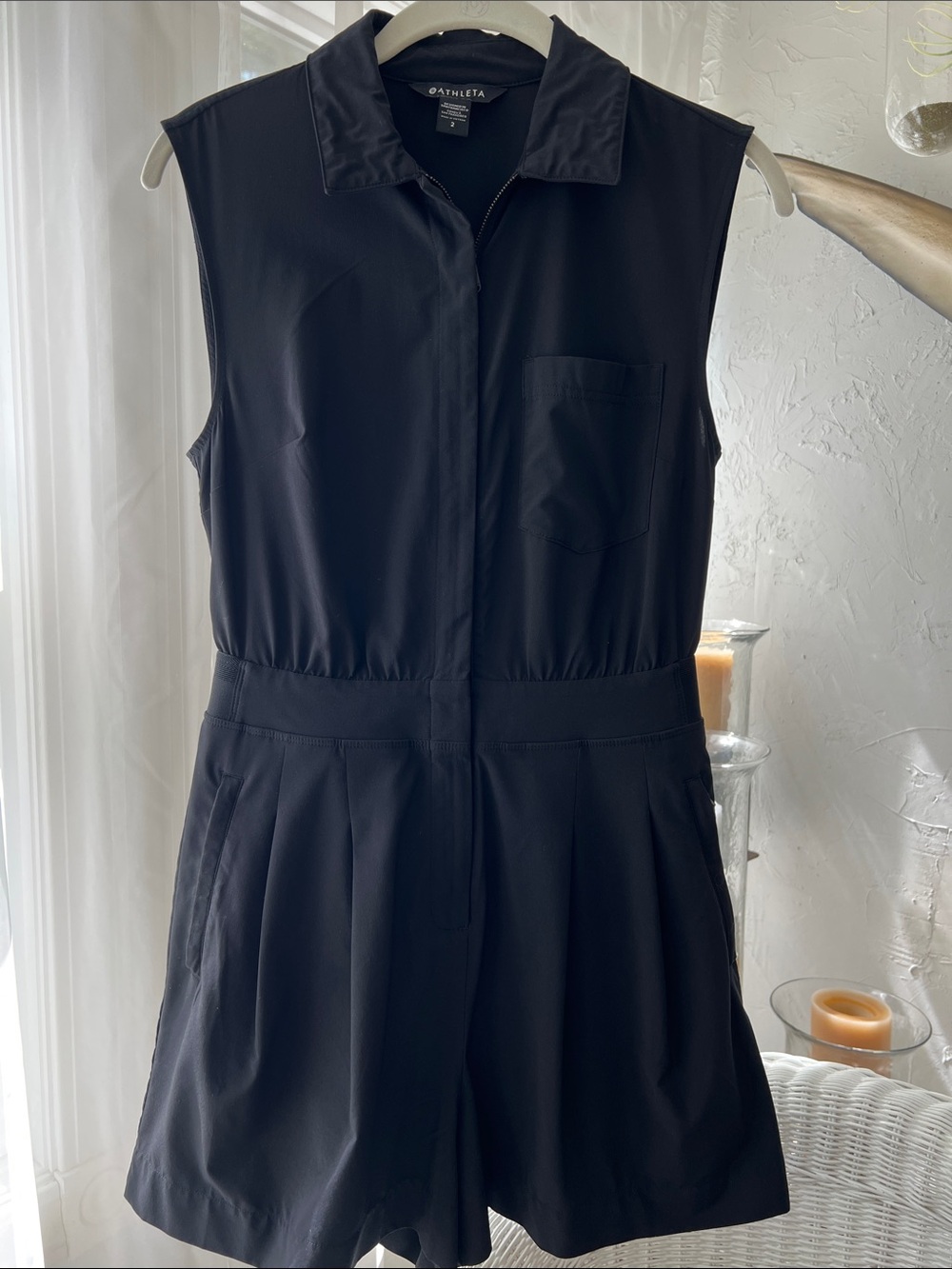 Athleta Black Sleeveless Zip Romper with Collar